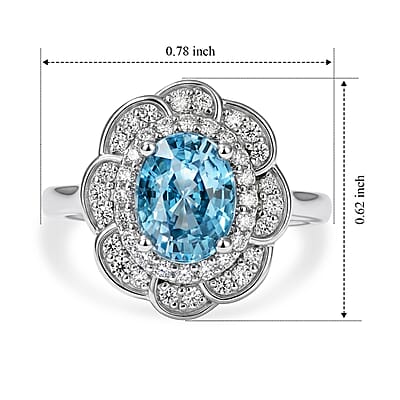D'Joy Premium Cambodian Blue Zircon and Moissanite 2.90 ctw Ring in Rhodium Over Sterling Silver (Size 6.0)