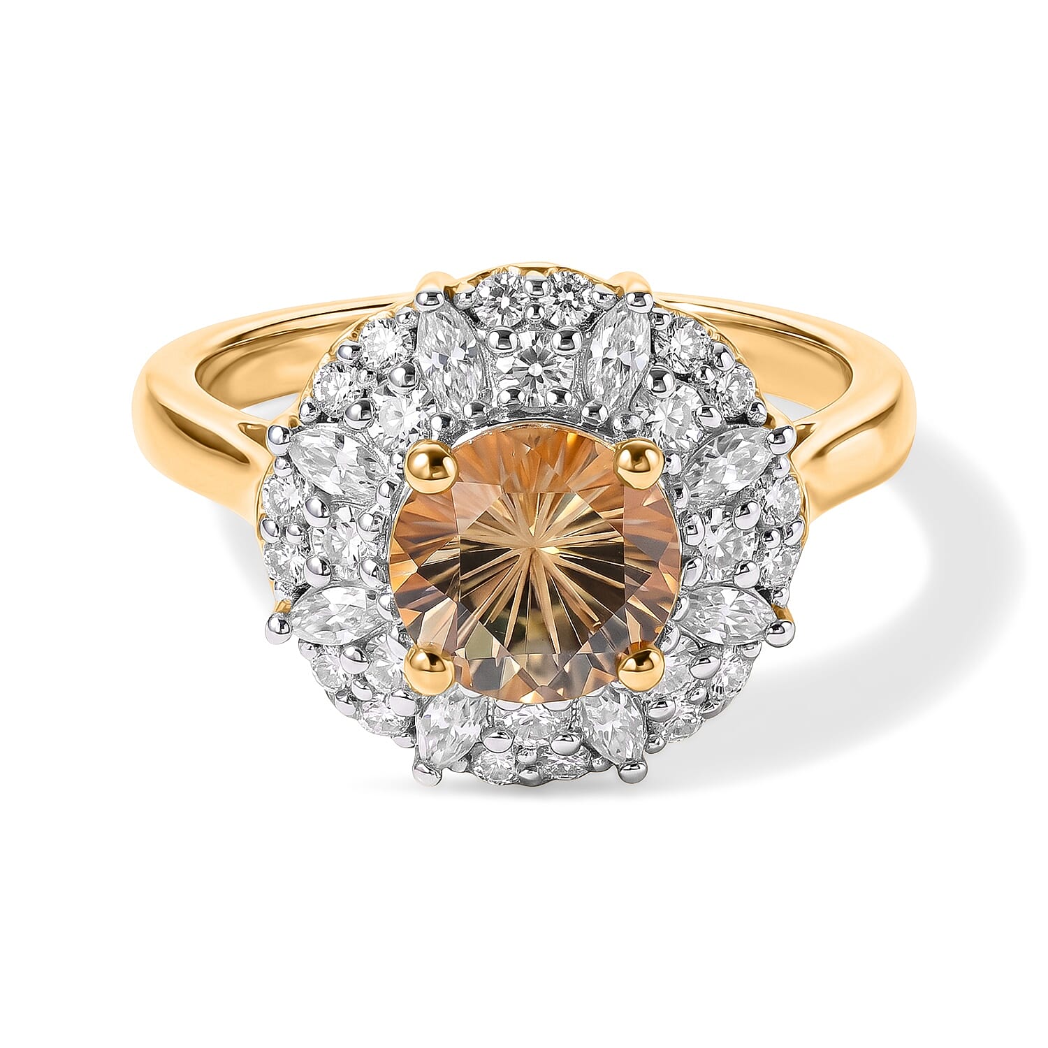 Certified and Appraised D'Joy Premium Hanabi Cut Turkizite and Moissanite 2.30 ctw Ring in 18K Vermeil Yellow Gold Over Sterling Silver (Size 6.0)