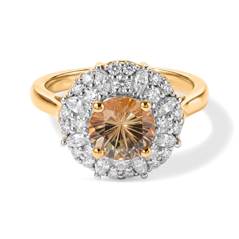 Certified and Appraised D'Joy Premium Hanabi Cut Turkizite and Moissanite 2.30 ctw Ring in 18K Vermeil Yellow Gold Over Sterling Silver (Size 6.0)