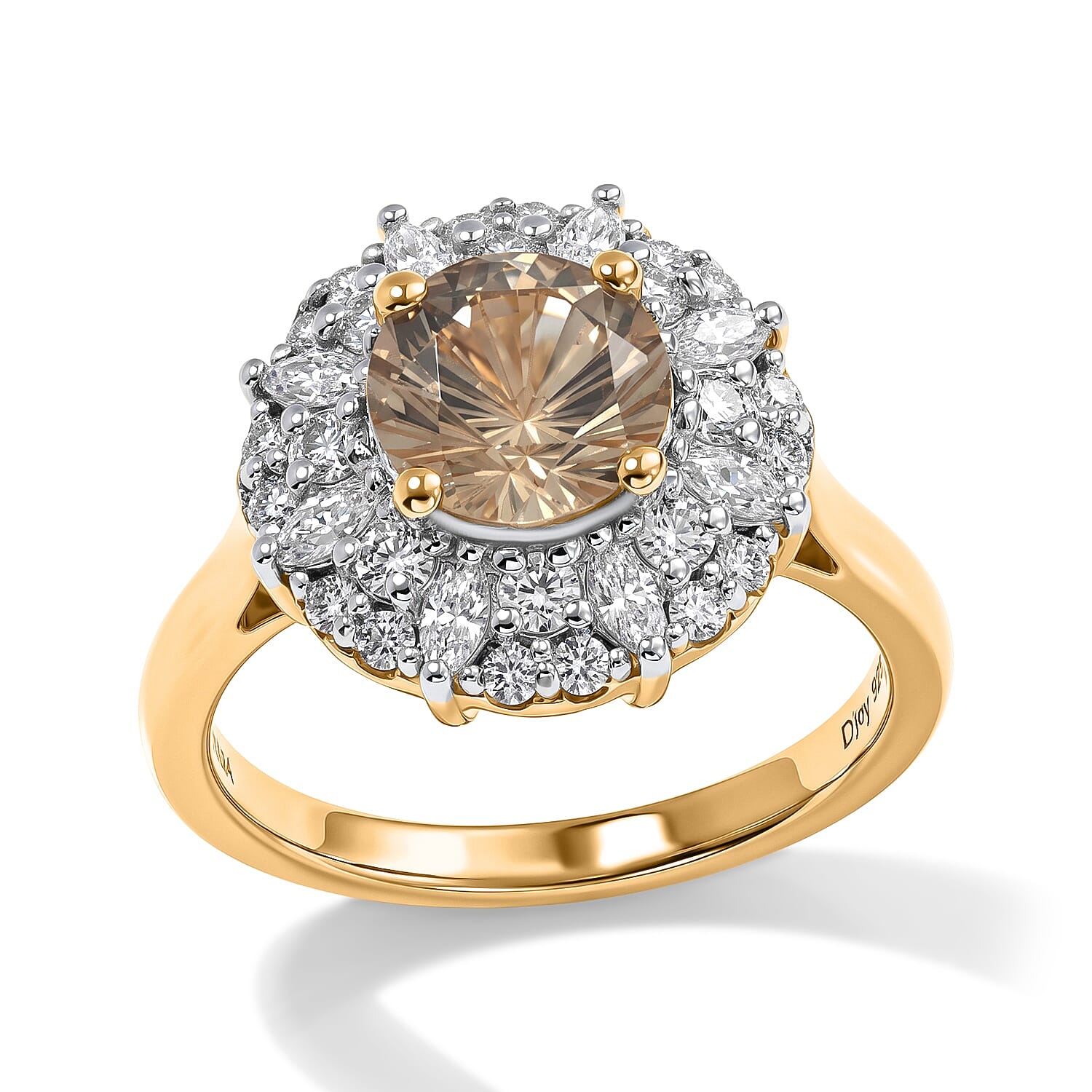 Certified and Appraised D'Joy Premium Hanabi Cut Turkizite and Moissanite 2.30 ctw Ring in 18K Vermeil Yellow Gold Over Sterling Silver (Size 6.0)