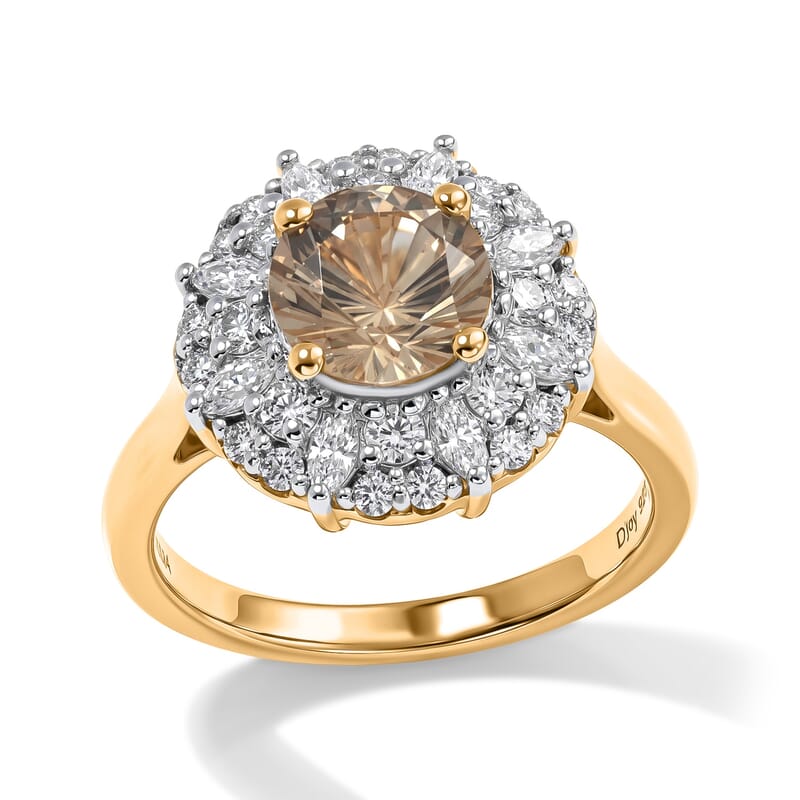Certified and Appraised D'Joy Premium Hanabi Cut Turkizite and Moissanite 2.30 ctw Ring in 18K Vermeil Yellow Gold Over Sterling Silver (Size 6.0)