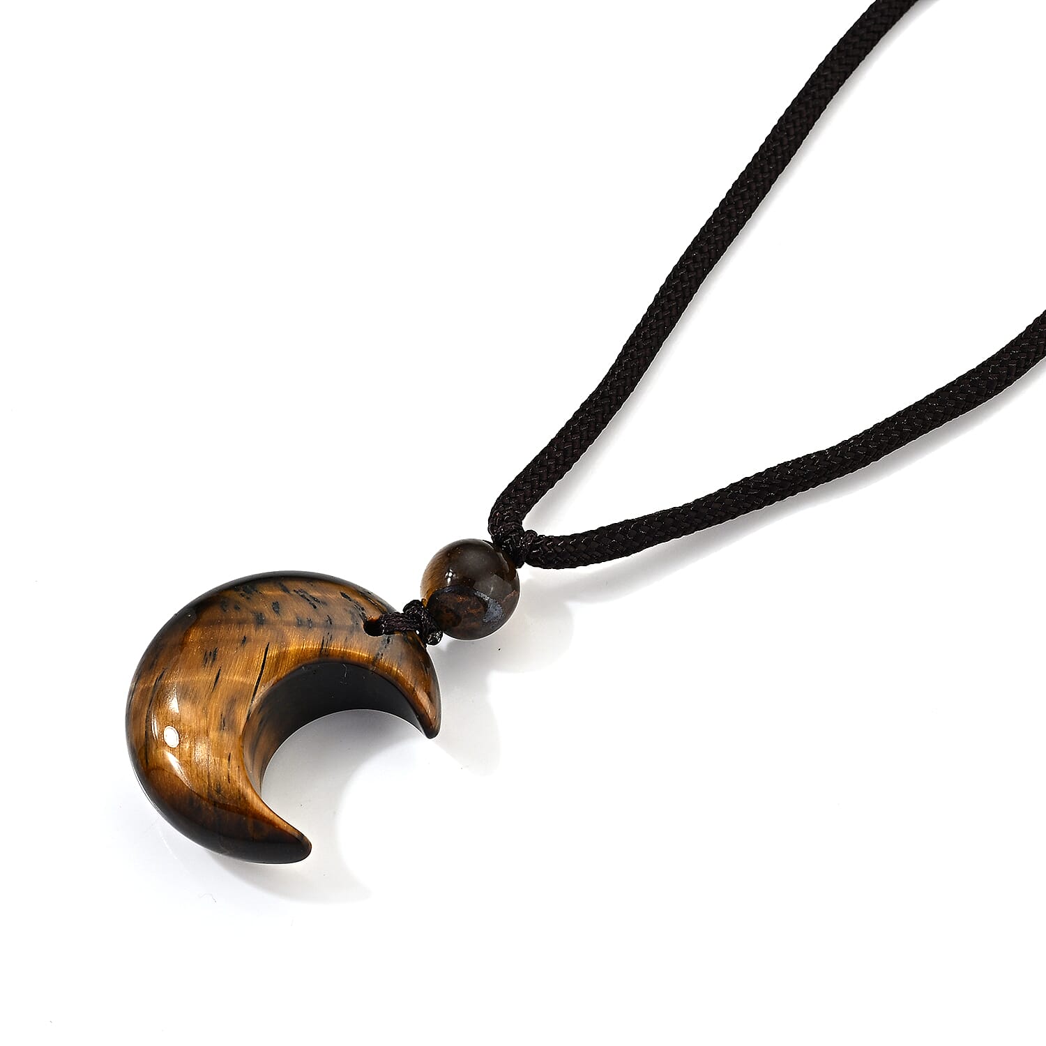Tigers Eye 40.00 ctw Half Moon Pendant with Adjustable Braided Rope Necklace