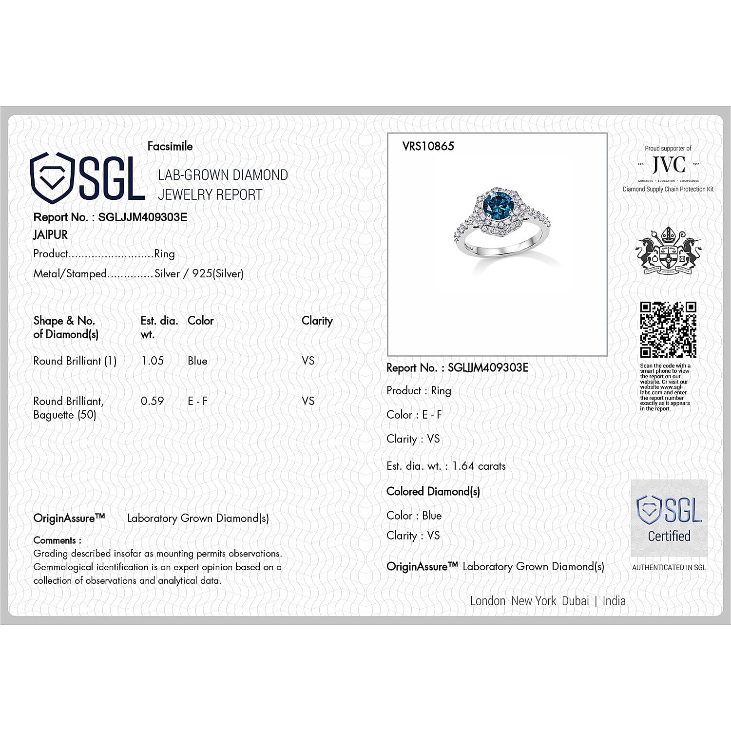 SGL Certified Luxuriant Lab Grown Blue Diamond IR and Lab Grown Diamond VS 1.60 ctw Ring in Rhodium Over Sterling Silver (Size 6.0)