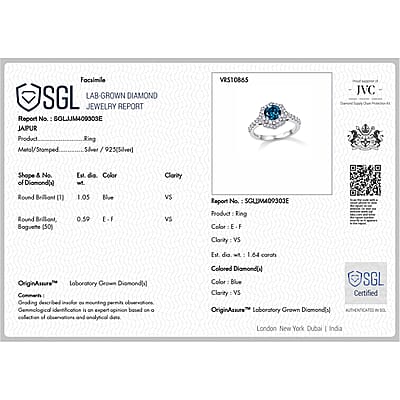 SGL Certified Luxuriant Lab Grown Blue Diamond IR and Lab Grown Diamond VS 1.60 ctw Ring in Rhodium Over Sterling Silver (Size 6.0)