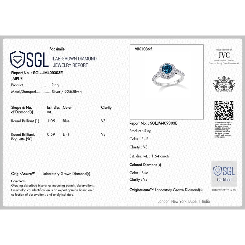 SGL Certified Luxuriant Lab Grown Blue Diamond IR and Lab Grown Diamond VS 1.60 ctw Ring in Rhodium Over Sterling Silver (Size 6.0)