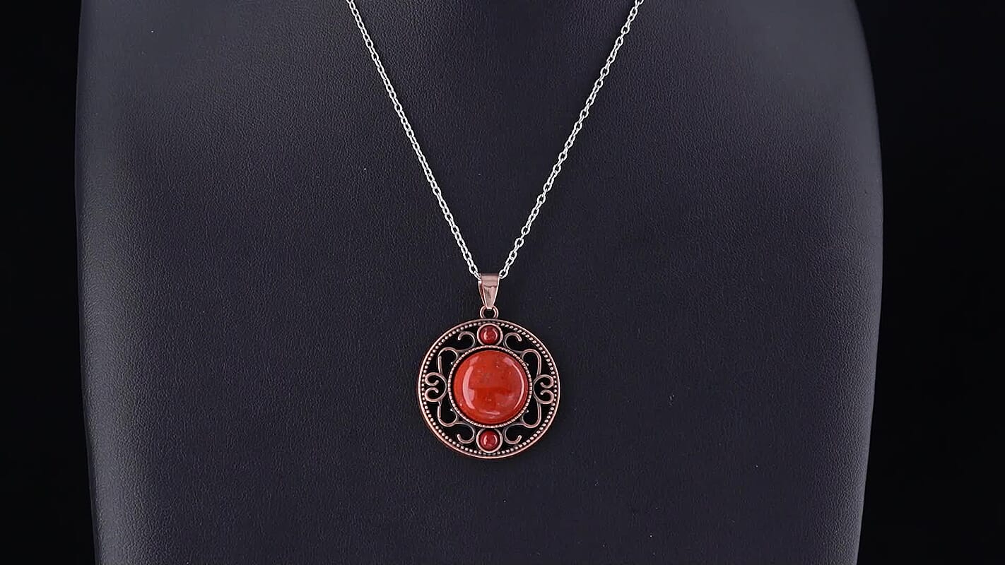 Red Jasper 15.00 ctw Pendant in Rosetone with ION Plated RG Stainless Steel Necklace 20 Inches