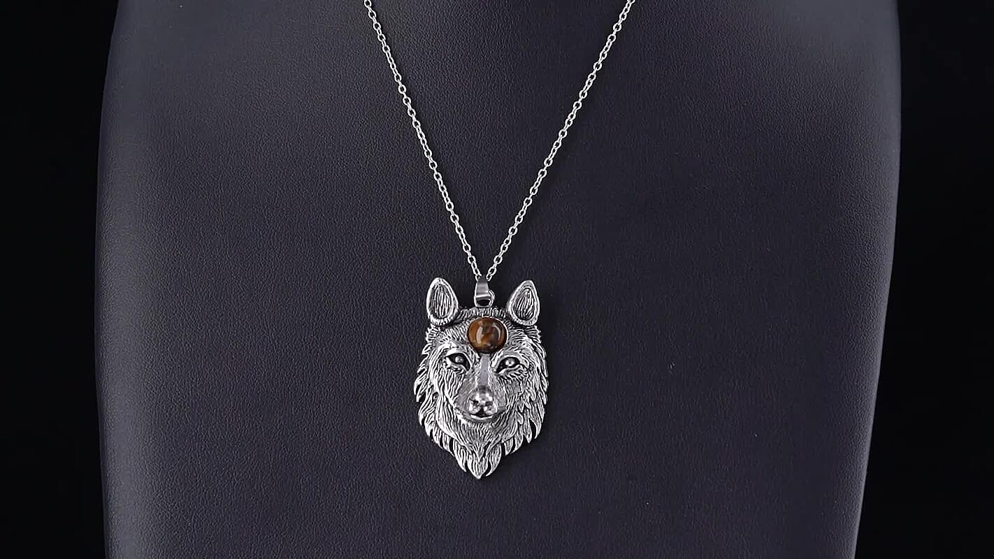 Tigers Eye 8.00 ctw Wolf Head Pendant in Silvertone with Stainless Steel Necklace 20 Inches