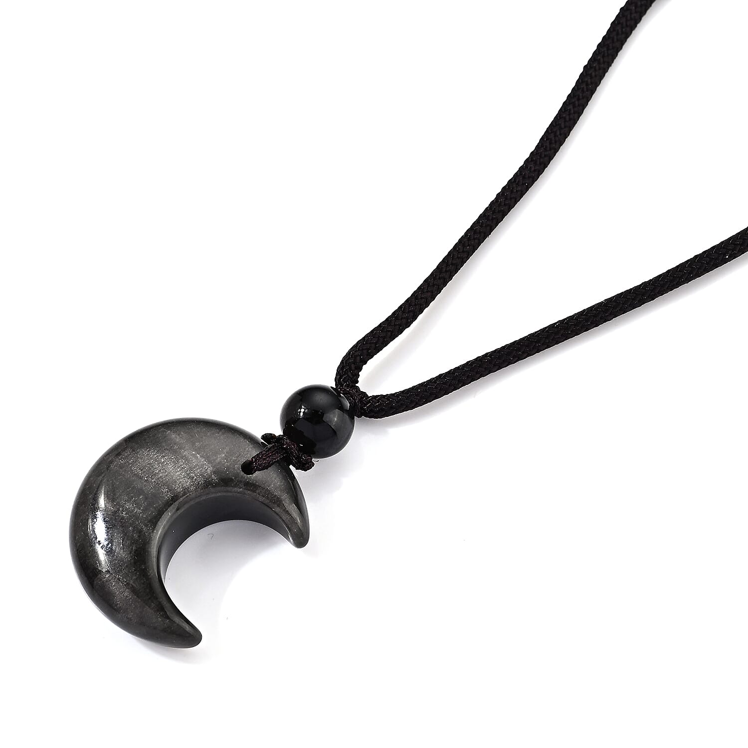 Obsidian 40.00 ctw Half Moon Pendant with Adjustable Braided Rope Necklace