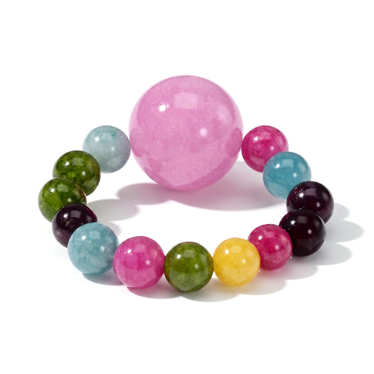 Pink Jade and Multi-Tourmaline 14.00 ctw Beaded Stretch Ring