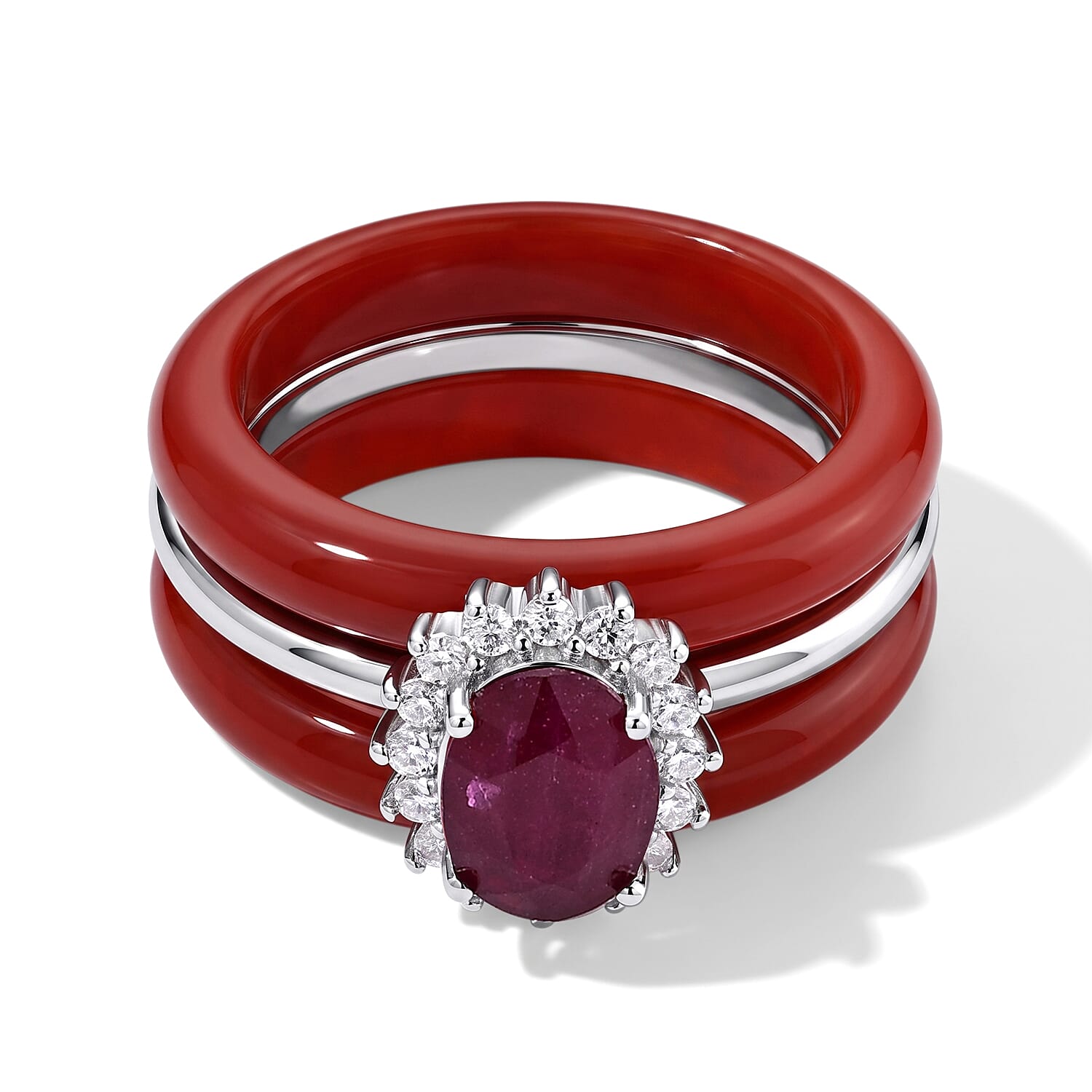 D'Joy Niassa Ruby (FF), Red Jade (D) and Moissanite 19.65 ctw Stacked Radiance Ring in Rhodium Over Sterling Silver (Size 6.0)