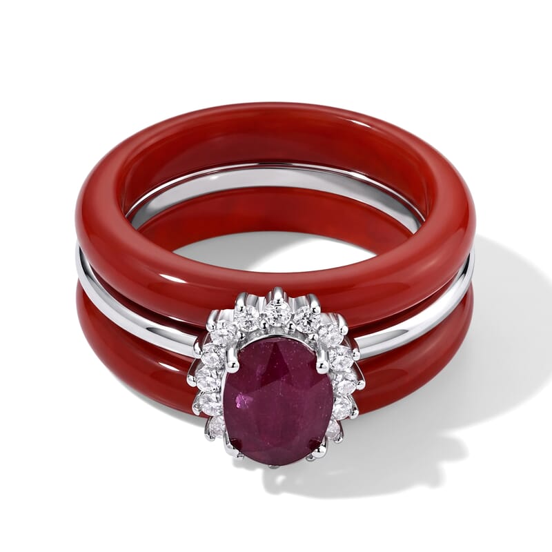 D'Joy Niassa Ruby (FF), Red Jade (D) and Moissanite 19.65 ctw Stacked Radiance Ring in Rhodium Over Sterling Silver (Size 6.0)