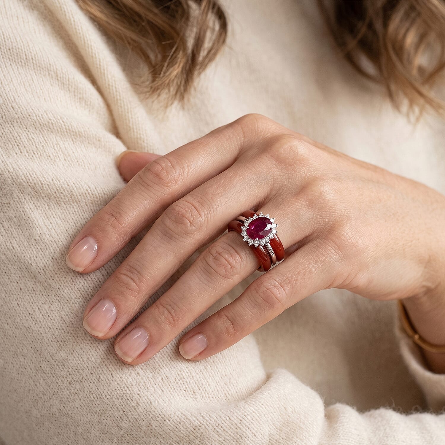 D'Joy Niassa Ruby (FF), Red Jade (D) and Moissanite 19.65 ctw Stacked Radiance Ring in Rhodium Over Sterling Silver (Size 6.0)