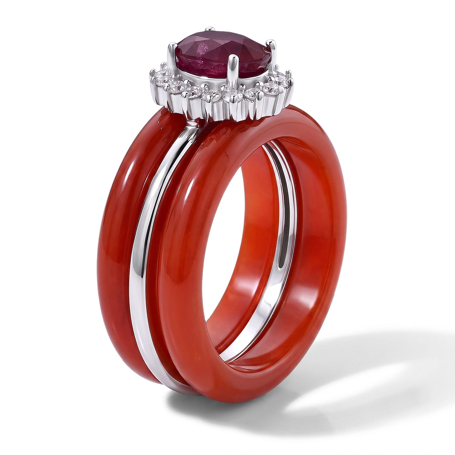 D'Joy Niassa Ruby (FF), Red Jade (D) and Moissanite 19.65 ctw Stacked Radiance Ring in Rhodium Over Sterling Silver (Size 6.0)