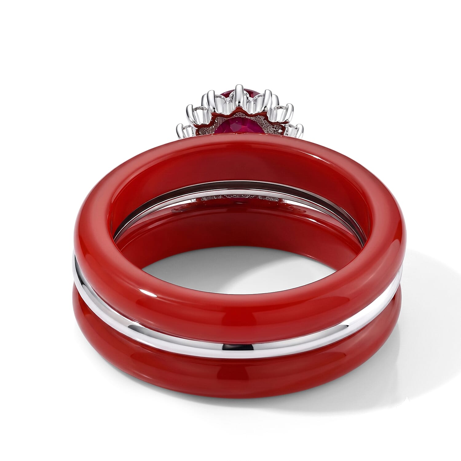 D'Joy Niassa Ruby (FF), Red Jade (D) and Moissanite 19.65 ctw Stacked Radiance Ring in Rhodium Over Sterling Silver (Size 6.0)