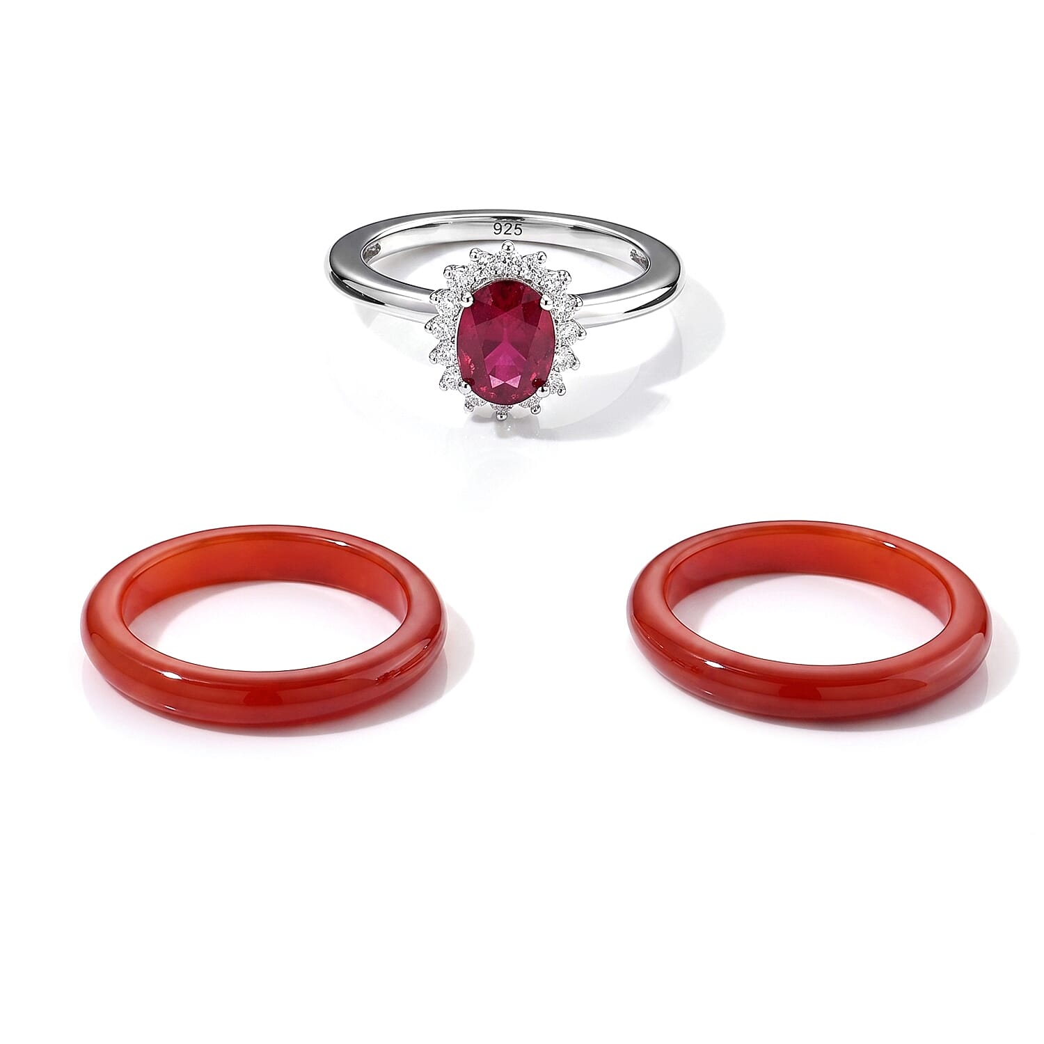 D'Joy Niassa Ruby (FF), Red Jade (D) and Moissanite 19.65 ctw Stacked Radiance Ring in Rhodium Over Sterling Silver (Size 6.0)
