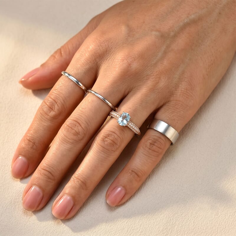 D'Joy Santa Maria Aquamarine and Natural Pink Diamond 1.00 ctw Arctic Bloom Ring in Rhodium Over Sterling Silver (Size 7.0)