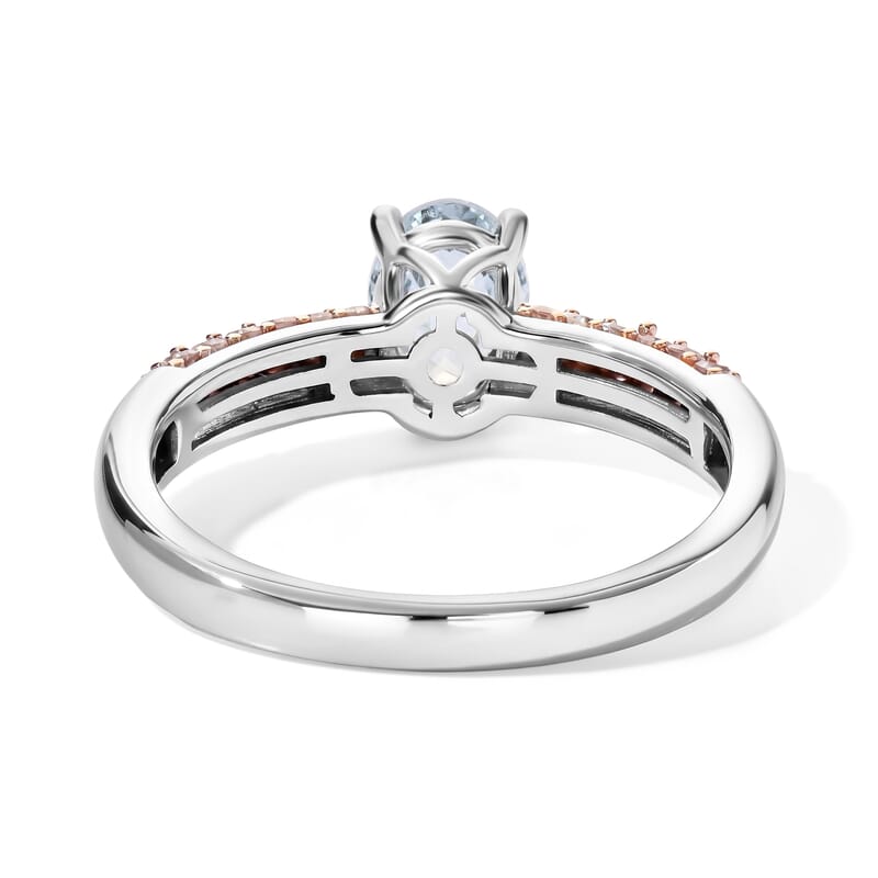 D'Joy Santa Maria Aquamarine and Natural Pink Diamond 1.00 ctw Arctic Bloom Ring in Rhodium Over Sterling Silver (Size 7.0)