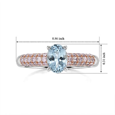 D'Joy Santa Maria Aquamarine and Natural Pink Diamond 1.00 ctw Ring in Rhodium Over Sterling Silver (Size 7.0)