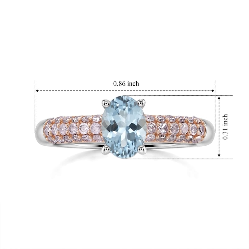 D'Joy Santa Maria Aquamarine and Natural Pink Diamond 1.00 ctw Arctic Bloom Ring in Rhodium Over Sterling Silver (Size 7.0)