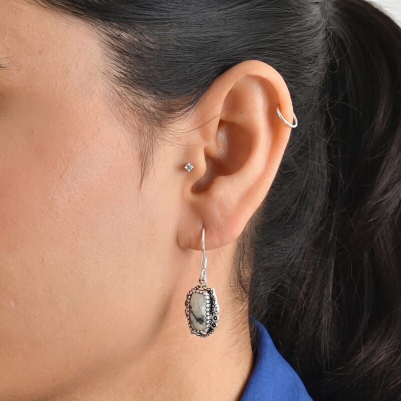 D'Joy Artisan Crafted Premium White Buffalo 5.20 ctw Desert Serpent Earrings in Sterling Silver