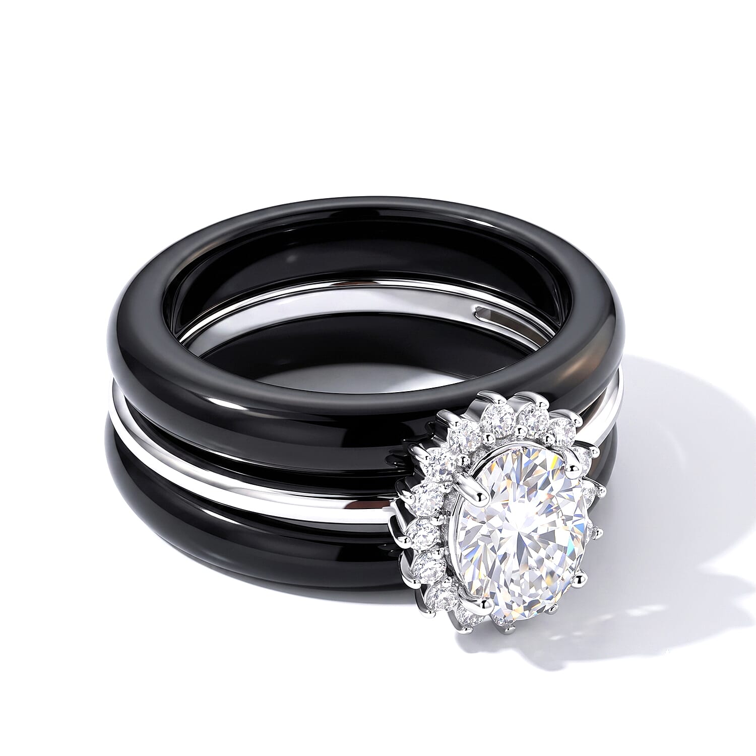 D'Joy Moissanite and Black Jade(D) 18.10 ctw Stacked Radiance Ring in Rhodium Over Sterling Silver (Size 10.0)