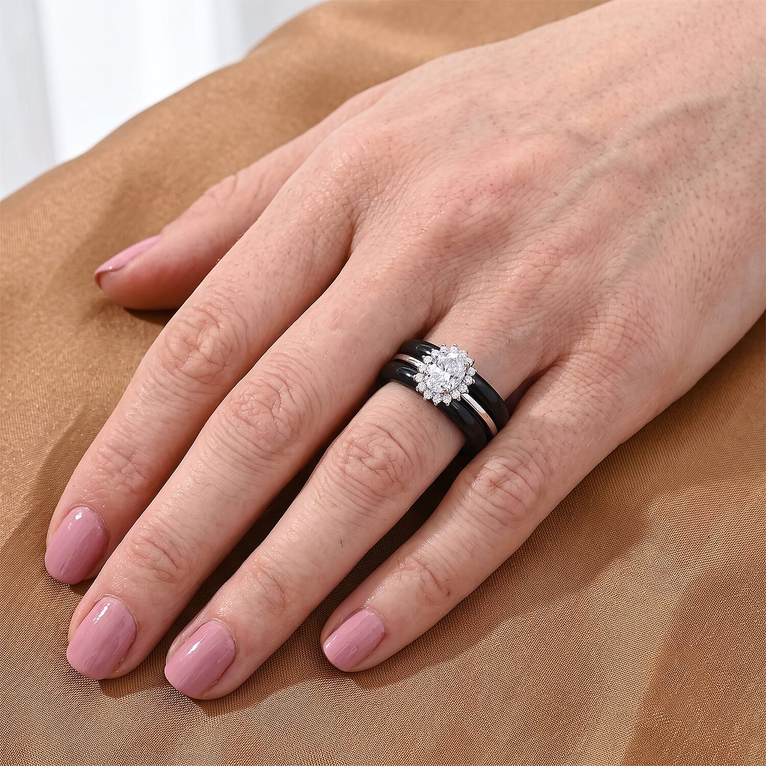 D'Joy Moissanite and Black Jade(D) 18.10 ctw Stacked Radiance Ring in Rhodium Over Sterling Silver (Size 10.0)