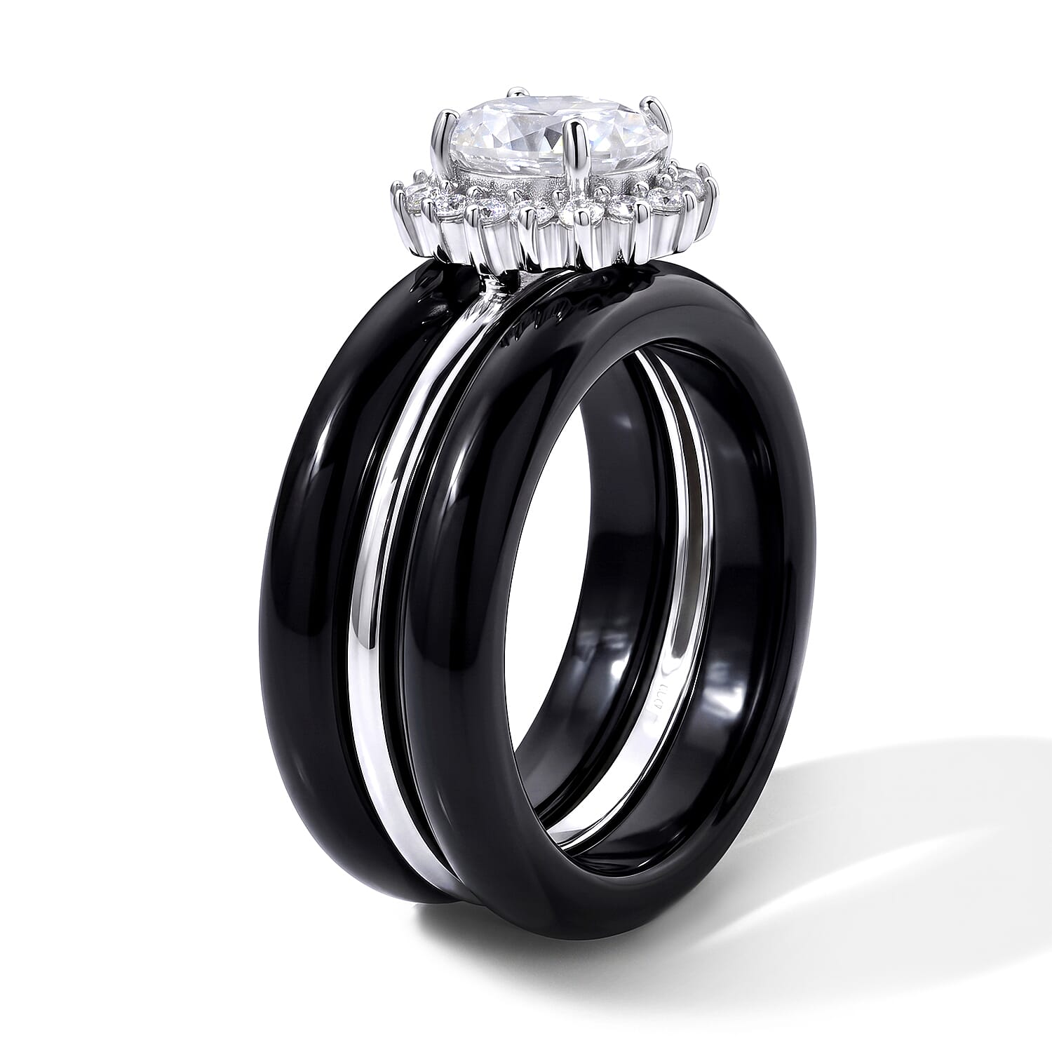 D'Joy Moissanite and Black Jade(D) 18.10 ctw Stacked Radiance Ring in Rhodium Over Sterling Silver (Size 10.0)