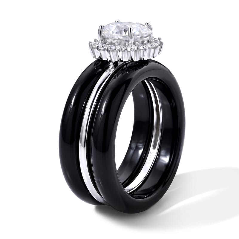 D'Joy Moissanite and Black Jade(D) 18.10 ctw Stacked Radiance Ring in Rhodium Over Sterling Silver (Size 10.0)