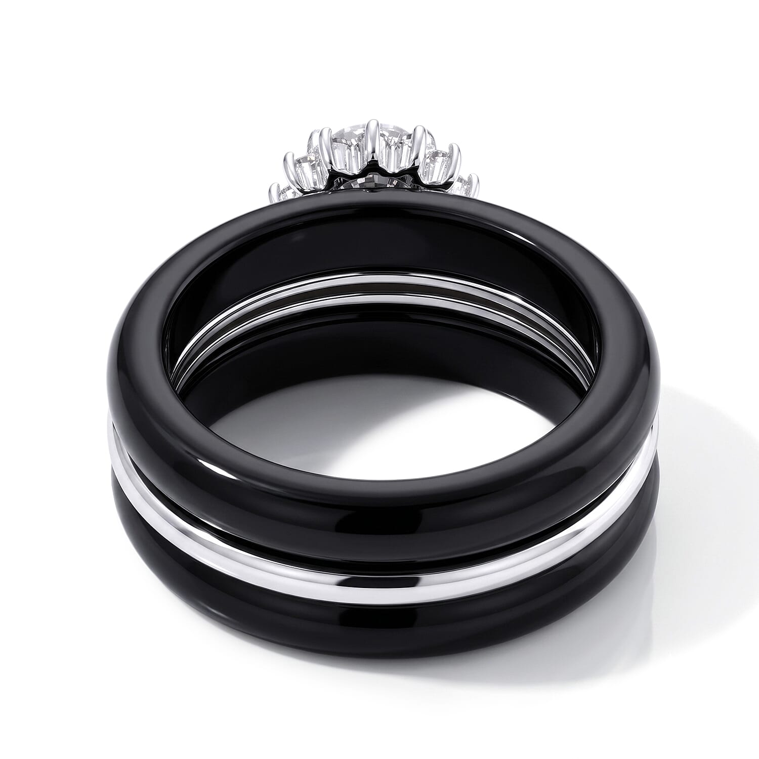 D'Joy Moissanite and Black Jade(D) 18.10 ctw Stacked Radiance Ring in Rhodium Over Sterling Silver (Size 10.0)