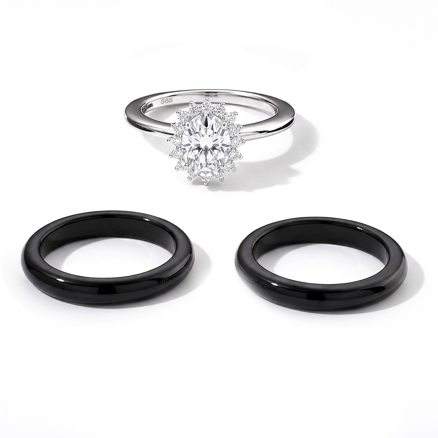 D'Joy Moissanite and Black Jade(D) 18.10 ctw Stacked Radiance Ring in Rhodium Over Sterling Silver (Size 10.0)
