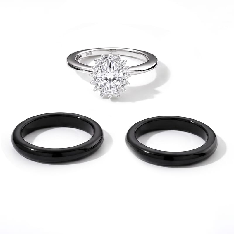 D'Joy Moissanite and Black Jade(D) 18.10 ctw Stacked Radiance Ring in Rhodium Over Sterling Silver (Size 10.0)