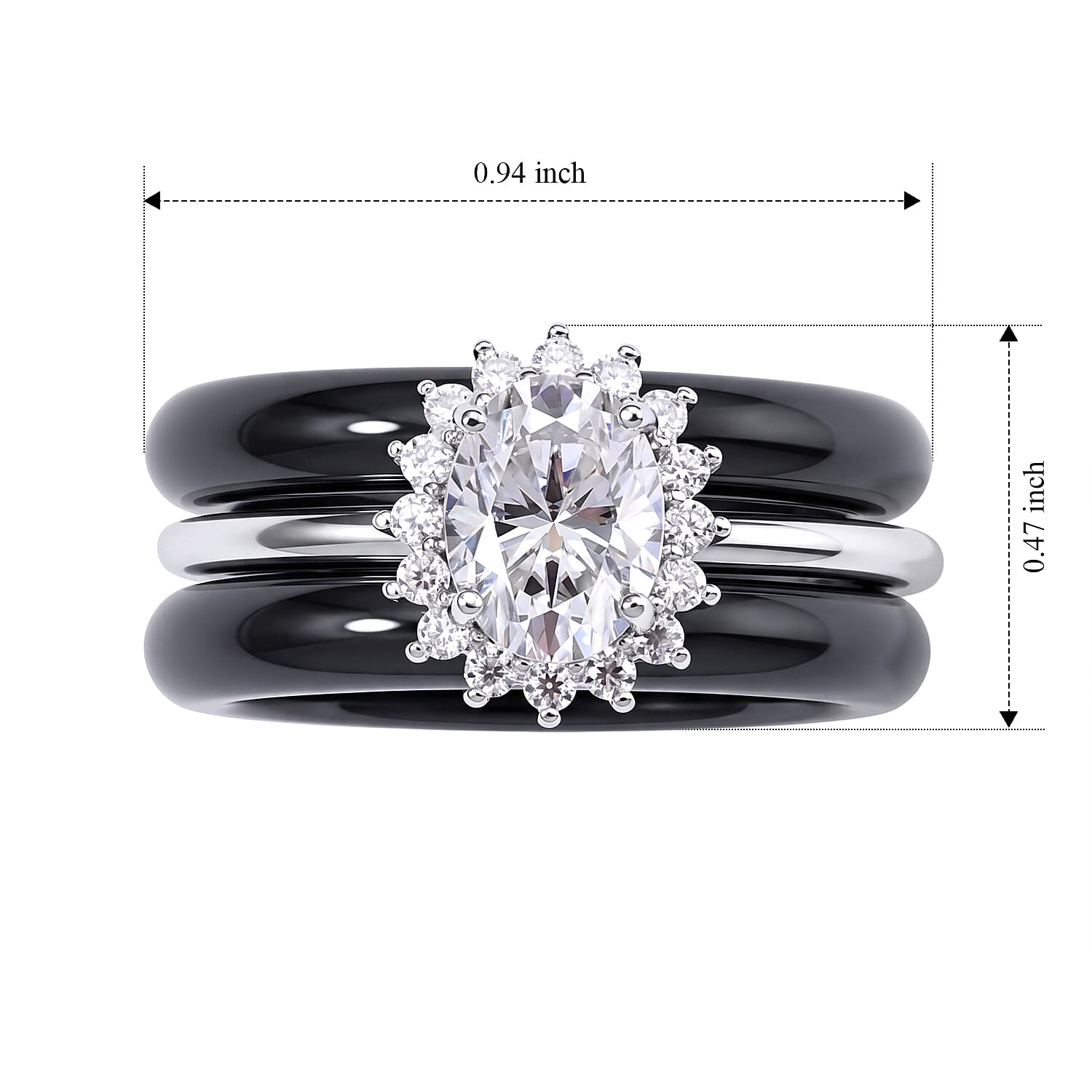 D'Joy Moissanite and Black Jade(D) 18.10 ctw Stacked Radiance Ring in Rhodium Over Sterling Silver (Size 10.0)