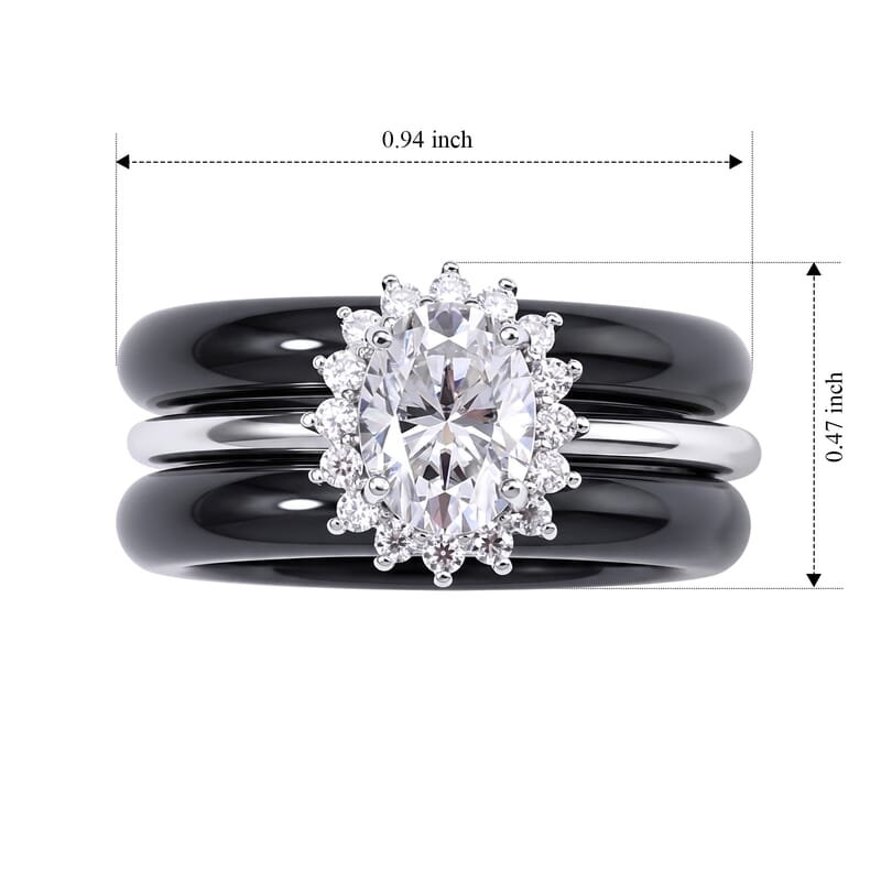 D'Joy Moissanite and Black Jade(D) 18.10 ctw Stacked Radiance Ring in Rhodium Over Sterling Silver (Size 10.0)