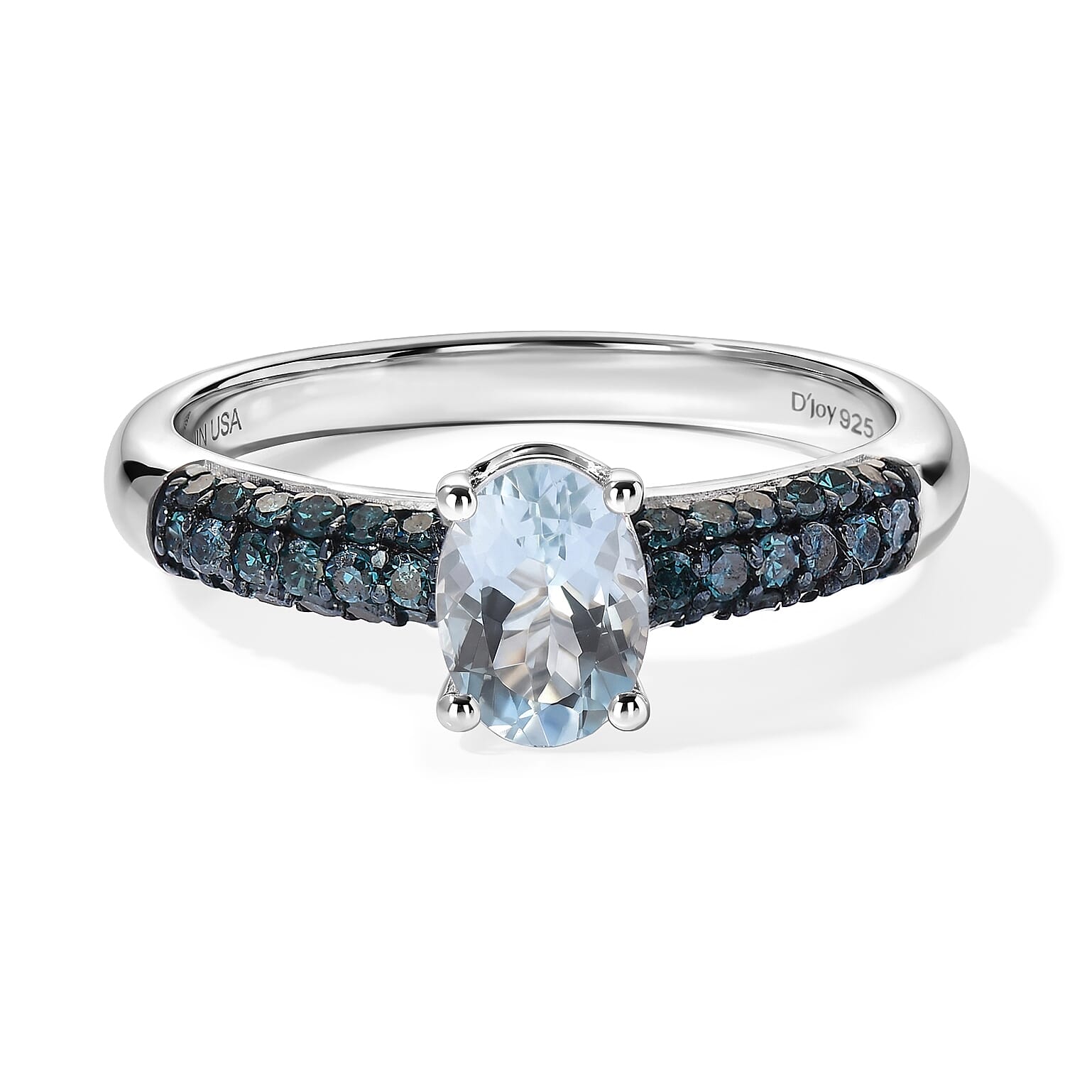 D'Joy Santa Maria Aquamarine and Natural Pink Diamond 1.00 ctw Ring in Rhodium Over Sterling Silver (Size 7.0)