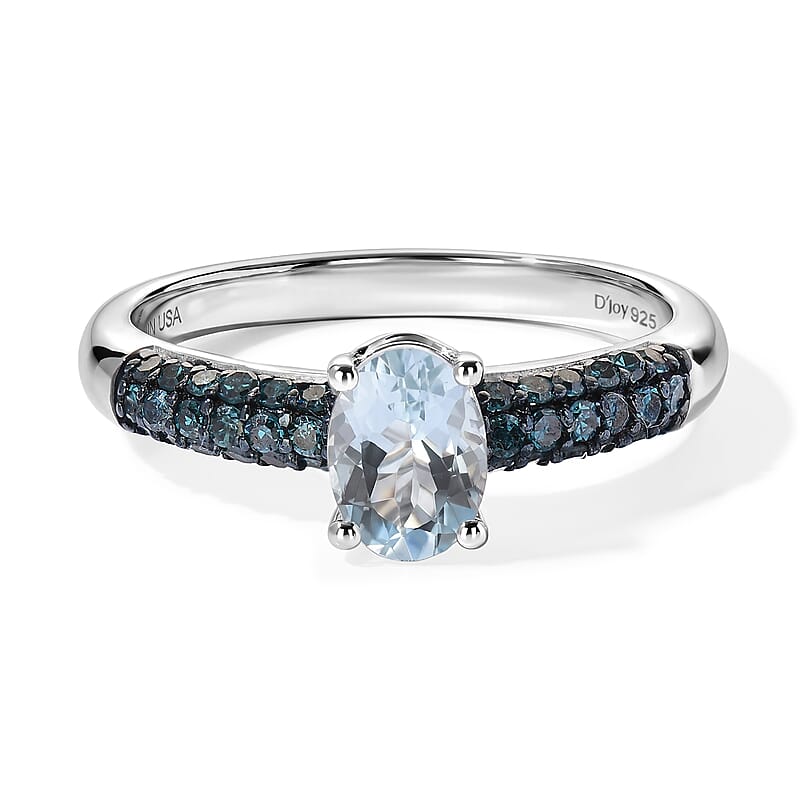 D'Joy Santa Maria Aquamarine and Blue Diamond 1.00 ctw Arctic Bloom Ring in Rhodium Over Sterling Silver (Size 7.0)