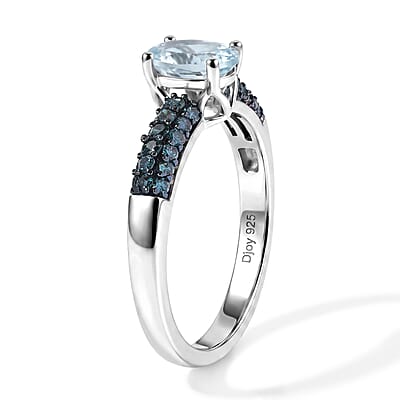 D'Joy Santa Maria Aquamarine and Blue Diamond 1.00 ctw Arctic Bloom Ring in Rhodium Over Sterling Silver (Size 7.0)