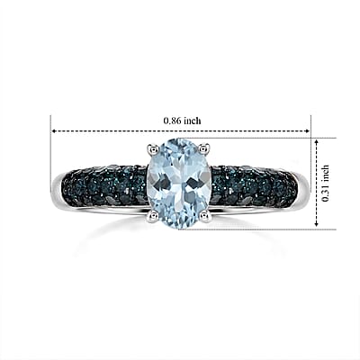 D'Joy Santa Maria Aquamarine and Blue Diamond 1.00 ctw Arctic Bloom Ring in Rhodium Over Sterling Silver (Size 7.0)