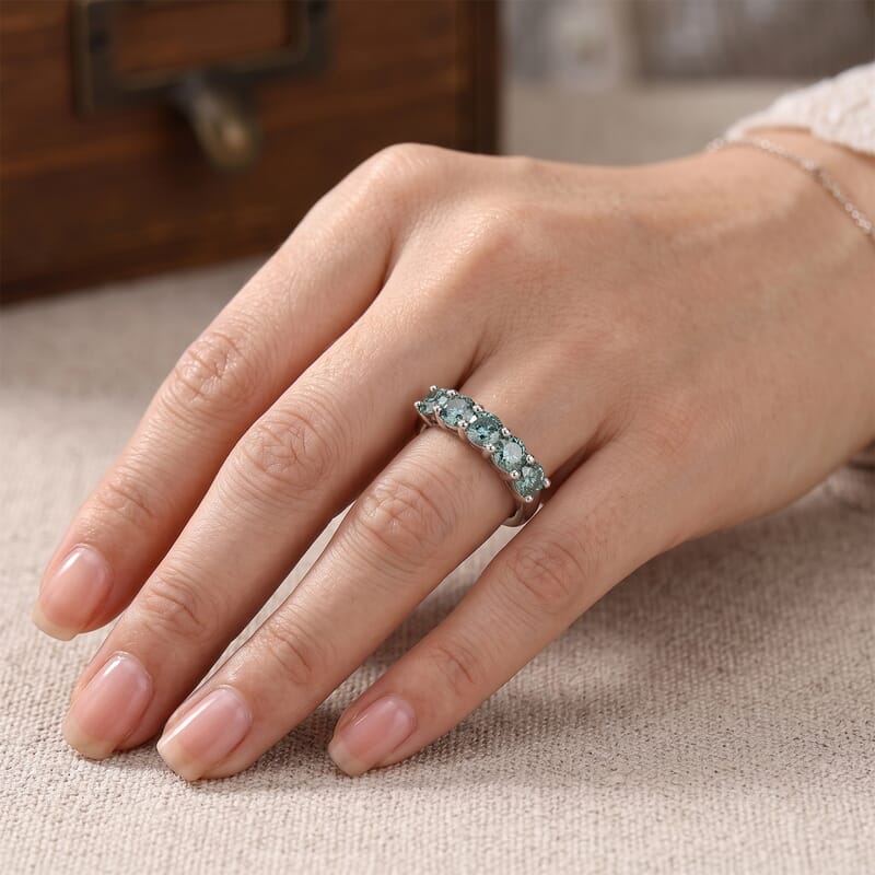 D'Joy Green Moissanite 1.15 ctw Verdant Five Stone Band Ring in Rhodium Over Sterling Silver (Size 7.0)