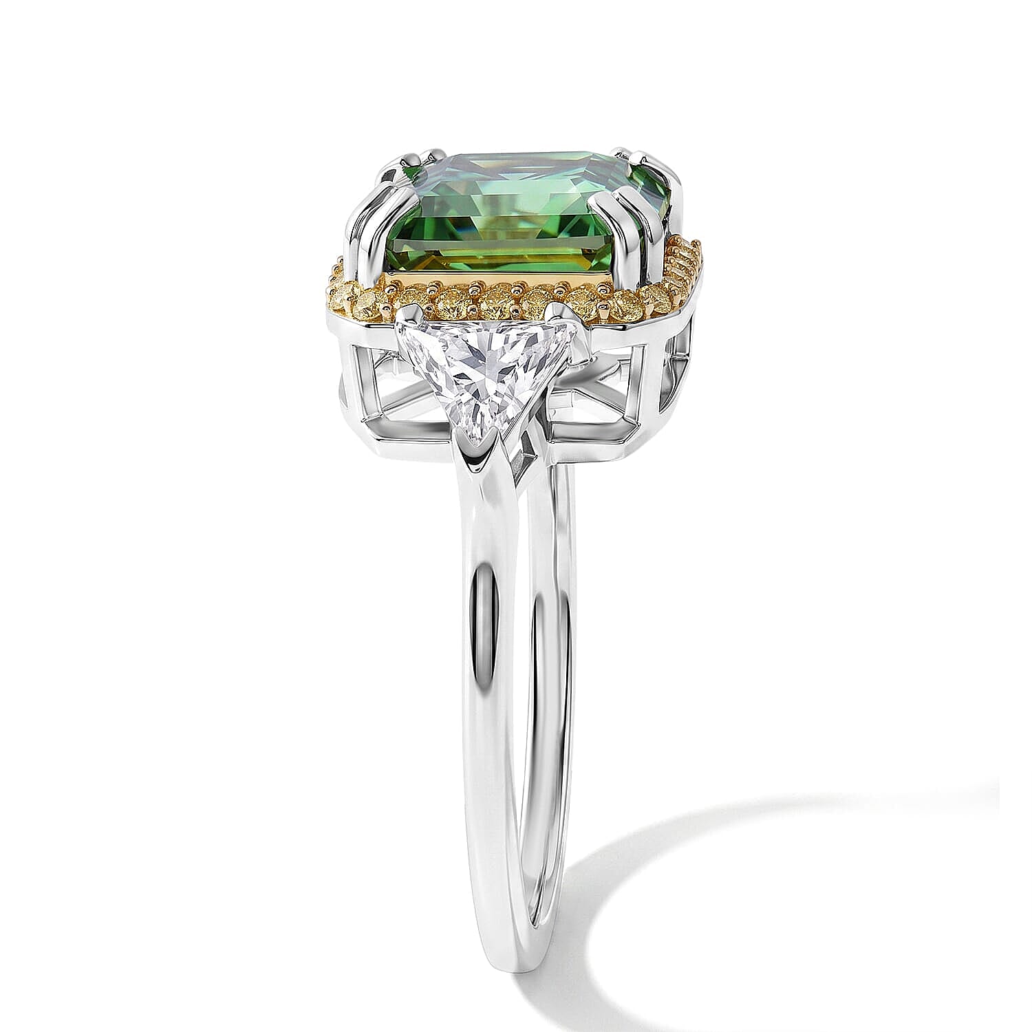 D'Joy Asscher Cut Green Moissanite 9mm, Multi Sapphire Ring in Rhodium Over Sterling Silver (Size 5.0) 5.40 ctw