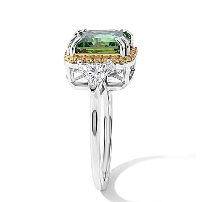 D'Joy Asscher Cut Green Moissanite 9mm, Multi Sapphire Ring in Rhodium Over Sterling Silver (Size 5.0) 5.40 ctw