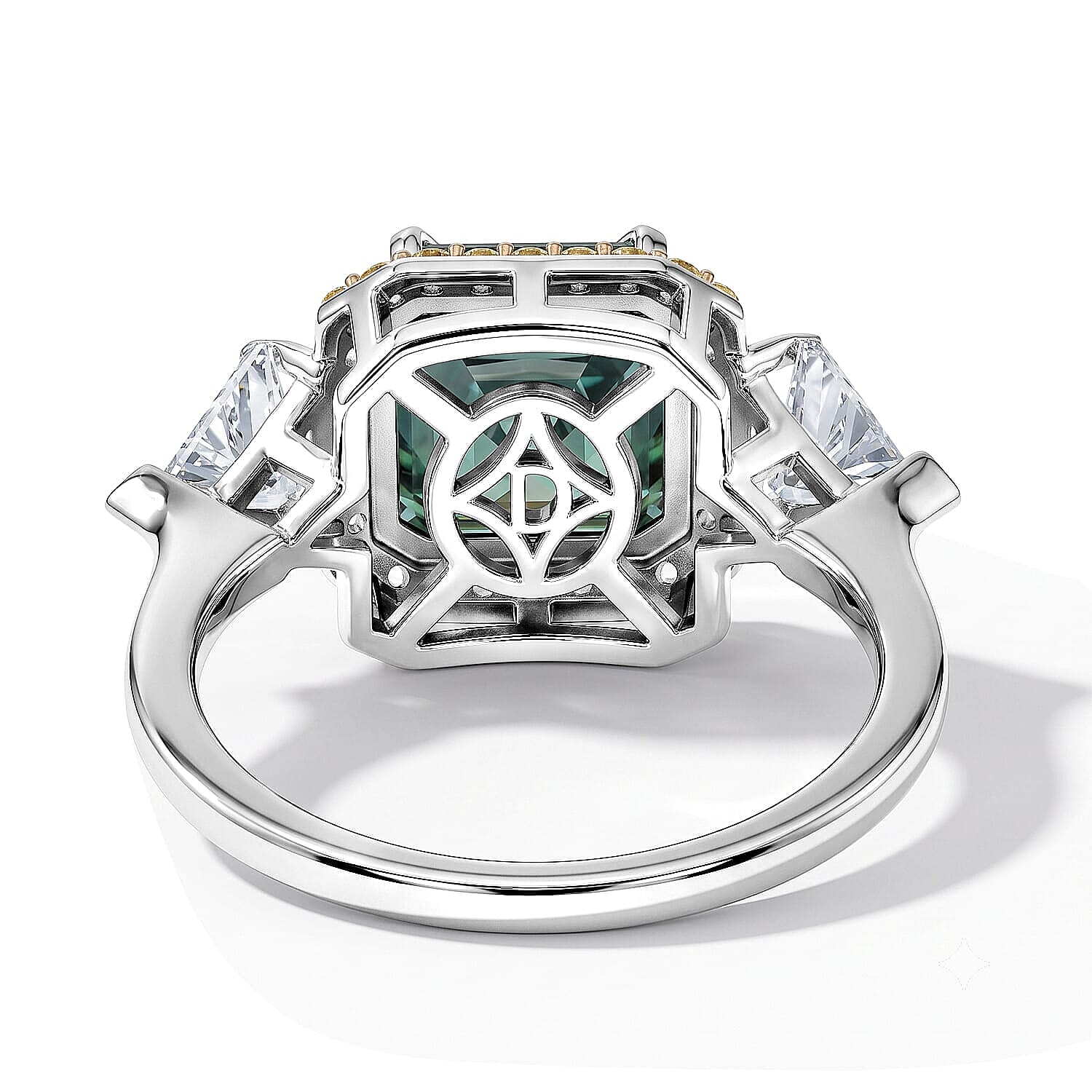 D'Joy Asscher Cut Green Moissanite 9mm, Multi Sapphire Ring in Rhodium Over Sterling Silver (Size 5.0) 5.40 ctw