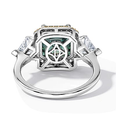 D'Joy Asscher Cut Green Moissanite 9mm, Multi Sapphire Ring in Rhodium Over Sterling Silver (Size 5.0) 5.40 ctw