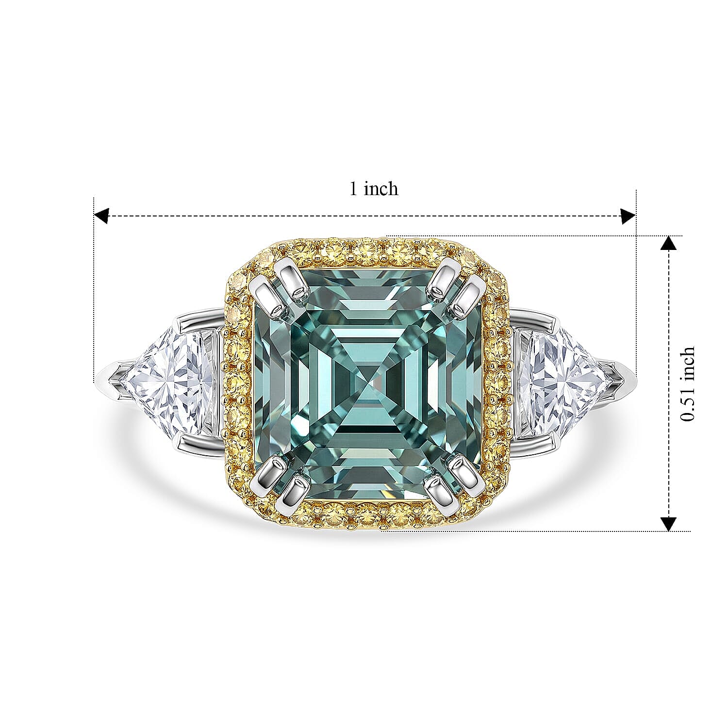 D'Joy Asscher Cut Green Moissanite 9mm, Multi Sapphire Ring in Rhodium Over Sterling Silver (Size 5.0) 5.40 ctw