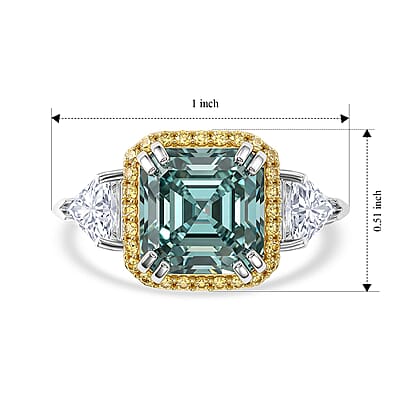 D'Joy Asscher Cut Green Moissanite 9mm, Multi Sapphire Ring in Rhodium Over Sterling Silver (Size 5.0) 5.40 ctw