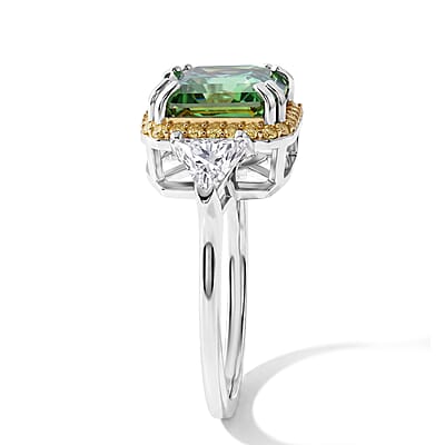 D'Joy Asscher Cut Green Moissanite 9mm and Multi Sapphire 5.40 ctw Ring in Rhodium Over Sterling Silver (Size 6.0)
