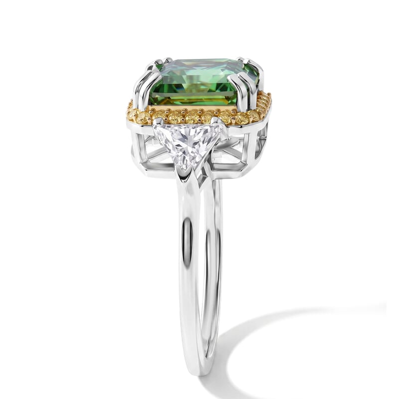 D'Joy Asscher Cut Green Moissanite and Multi Sapphire 5.40 ctw Verdant Halo Grandeur Ring in Rhodium Over Sterling Silver (Size 6.0)