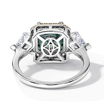 D'Joy Asscher Cut Green Moissanite 9mm and Multi Sapphire 5.40 ctw Ring in Rhodium Over Sterling Silver (Size 6.0)