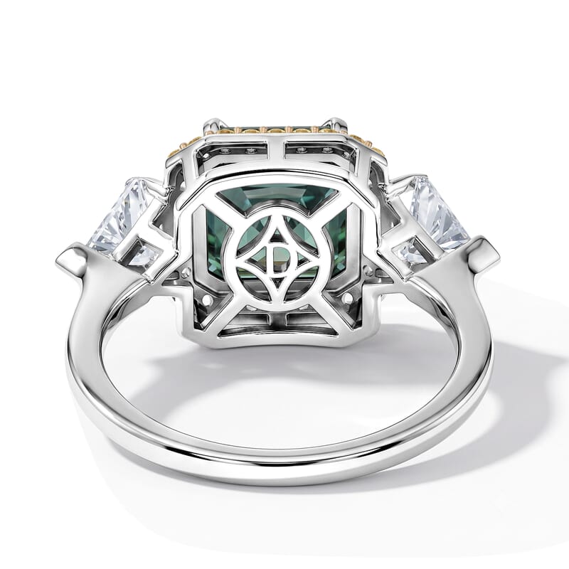 D'Joy Asscher Cut Green Moissanite and Multi Sapphire 5.40 ctw Verdant Halo Grandeur Ring in Rhodium Over Sterling Silver (Size 6.0)