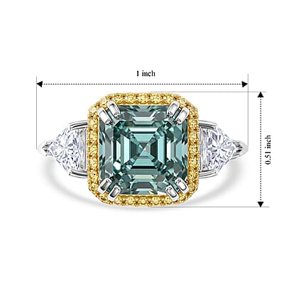 D'Joy Asscher Cut Green Moissanite 9mm and Multi Sapphire 5.40 ctw Ring in Rhodium Over Sterling Silver (Size 6.0)