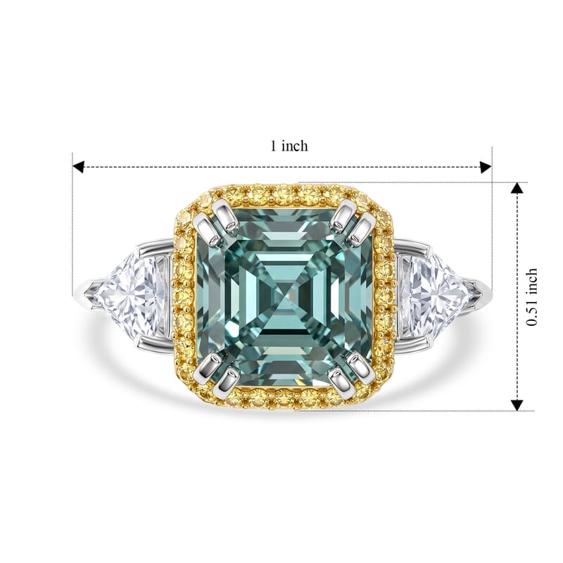 D'Joy Asscher Cut Green Moissanite and Multi Sapphire 5.40 ctw Verdant Halo Grandeur Ring in Rhodium Over Sterling Silver (Size 6.0)